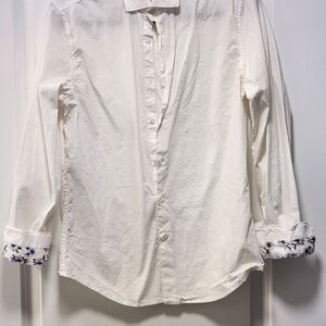 Denim & Flower White Button Down Shirt with Floral Accents